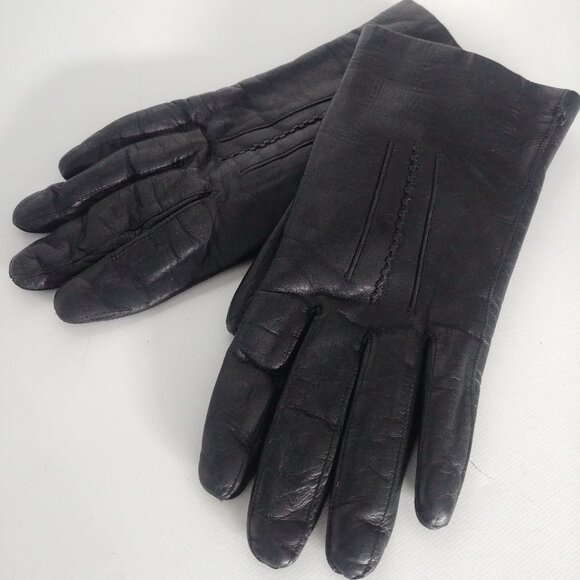 Womens black leather gloves fur lined size 6 1/2 - Picture 2 of 9